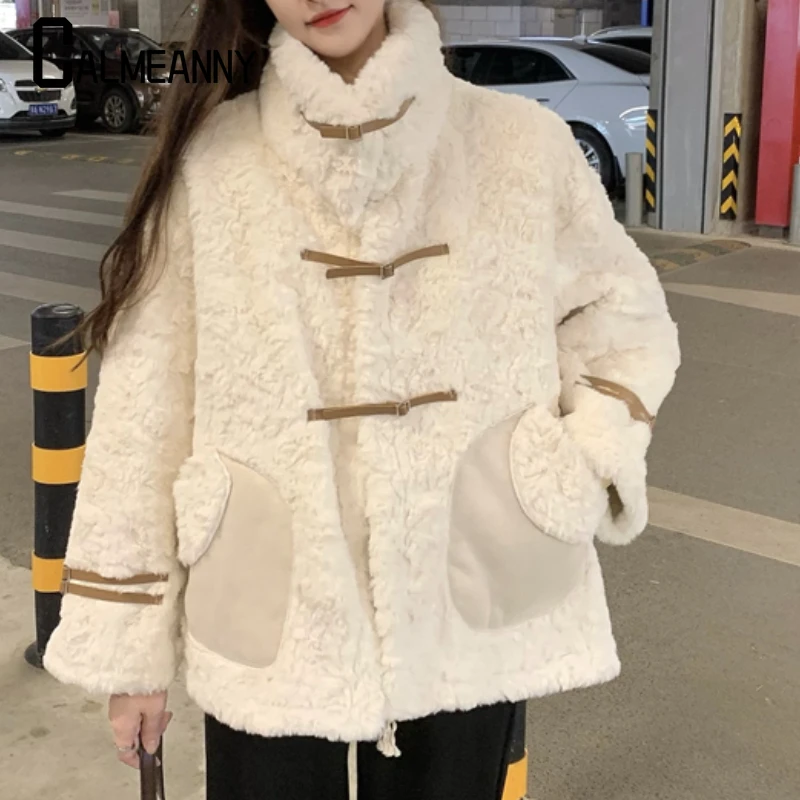 

Women Thickened Imitation Woolen Cotton Coat 2024 Winter New Small Warm Loose Stand Collar Cotton Jacket Female Fashion Cardigan