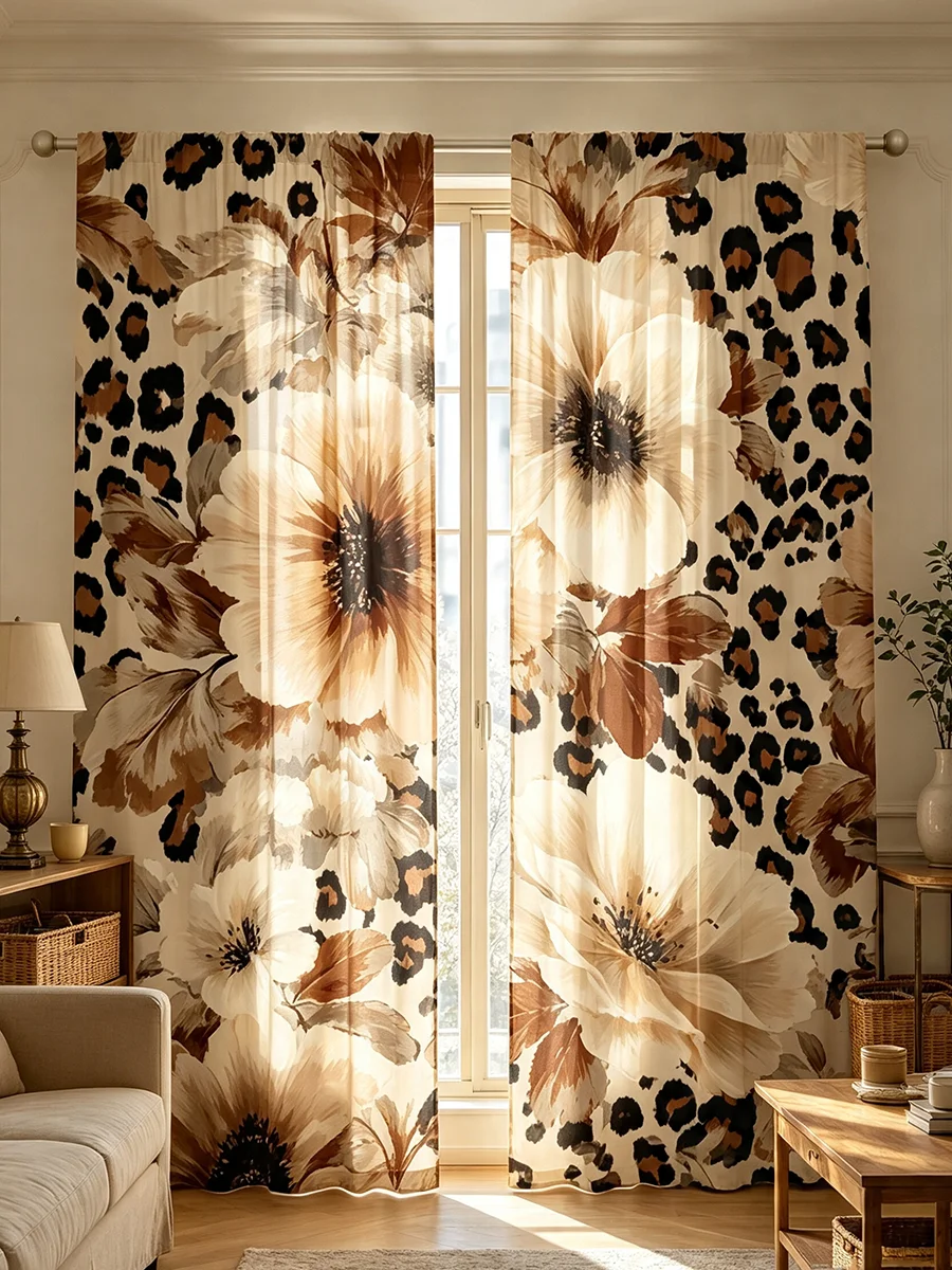 Home Decor Window Blinds - 2PCS Digital Print Curtains Retro Leopard