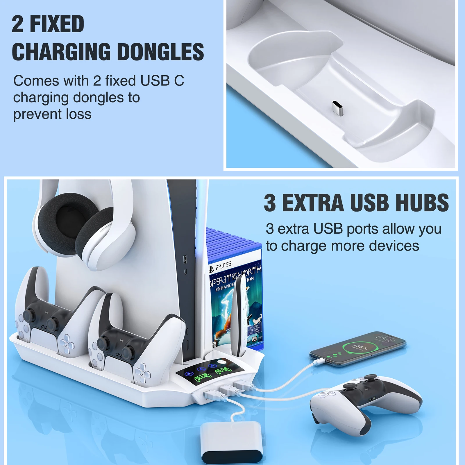Dinofire PS5 Lüfter Für PS5 Disc & PS5 Digitale Dual Controller Charing CD Ständer mit Headset Halter Multi-funciton PS Stehen