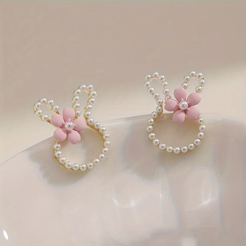 Cartoon Cute Faux Pearl & Flower Decor Rabbit Bunny Design Stud Earrings  Holiday Birthday Graduation Anniversary Party Gift