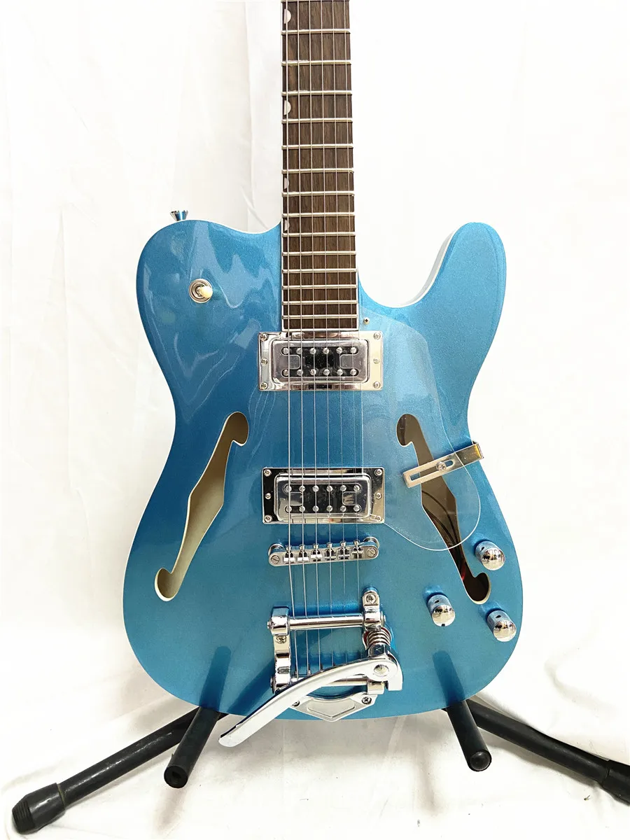 Blue double F-hole drum jazz 6 string electric guitar rose wood fingerboard tremolo free shipping