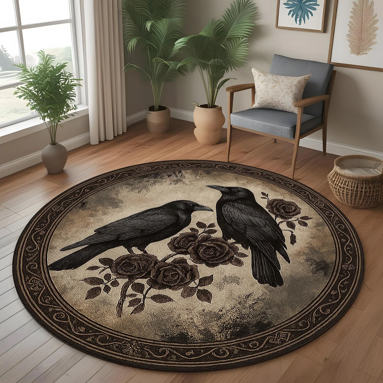Gothic Raven Round Rug, Mysterious Raven and Rose Pattern, Suitable for Witch-Themed Rooms, Dark Botanical Decor, Gothic-Style Living Spaces