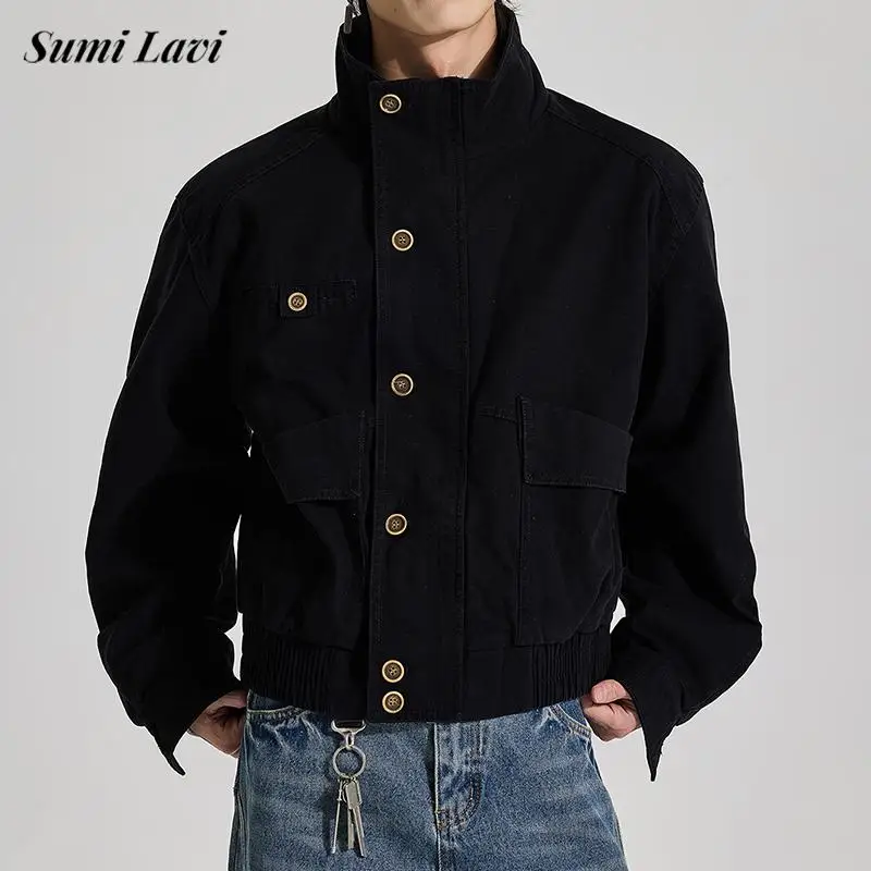 

Casual Slim Cropped Coats Men Fashionable Long Sleeve Buttoned Stand Collar Jackets For Mens Fall Winter Vintage Denim Jacket