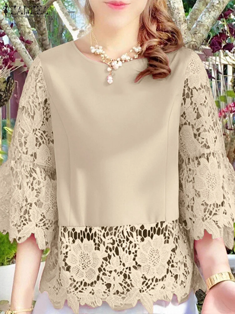 

ZANZEA Elegant Lace Shirt 2025 Summer Bohemain Holiday Blouse Women Stylish 3/4 Sleeve Hollow Out Tunic Tops Patchwork Blusas