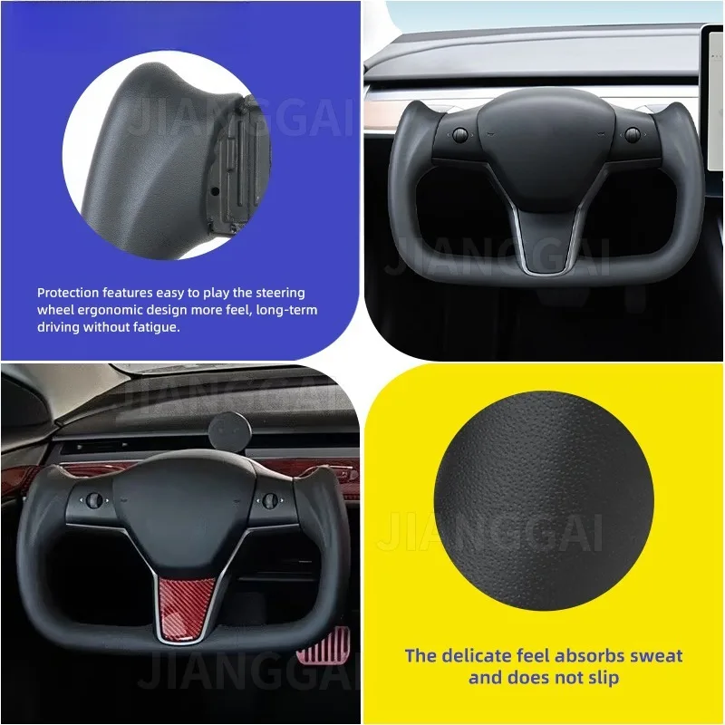 Full Leather Yoke Steering Wheel With Heating Function For Tesla Model 3 2016-2022 Without Carbon Fiber Sides Car Accessories view 6
