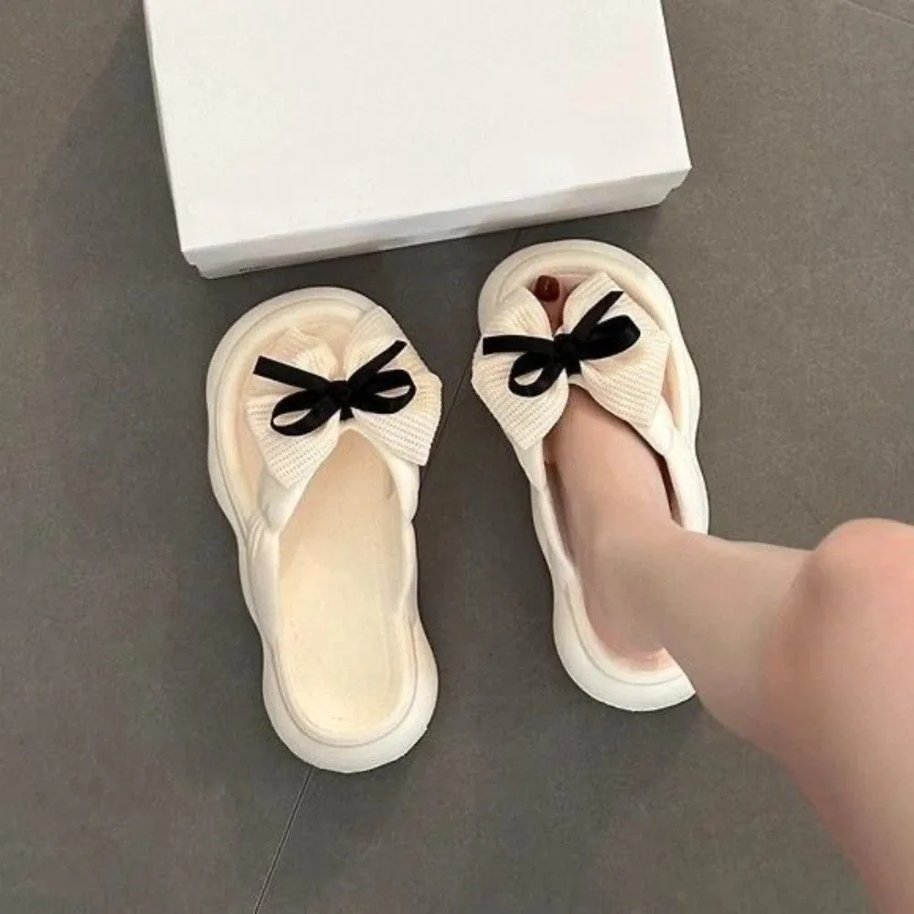 Non-slip Bowknot Cloud Slippers Black White Height Increasing Bow Slides Sandals Thick Soled Casual Thick Bottom Slippers view 3