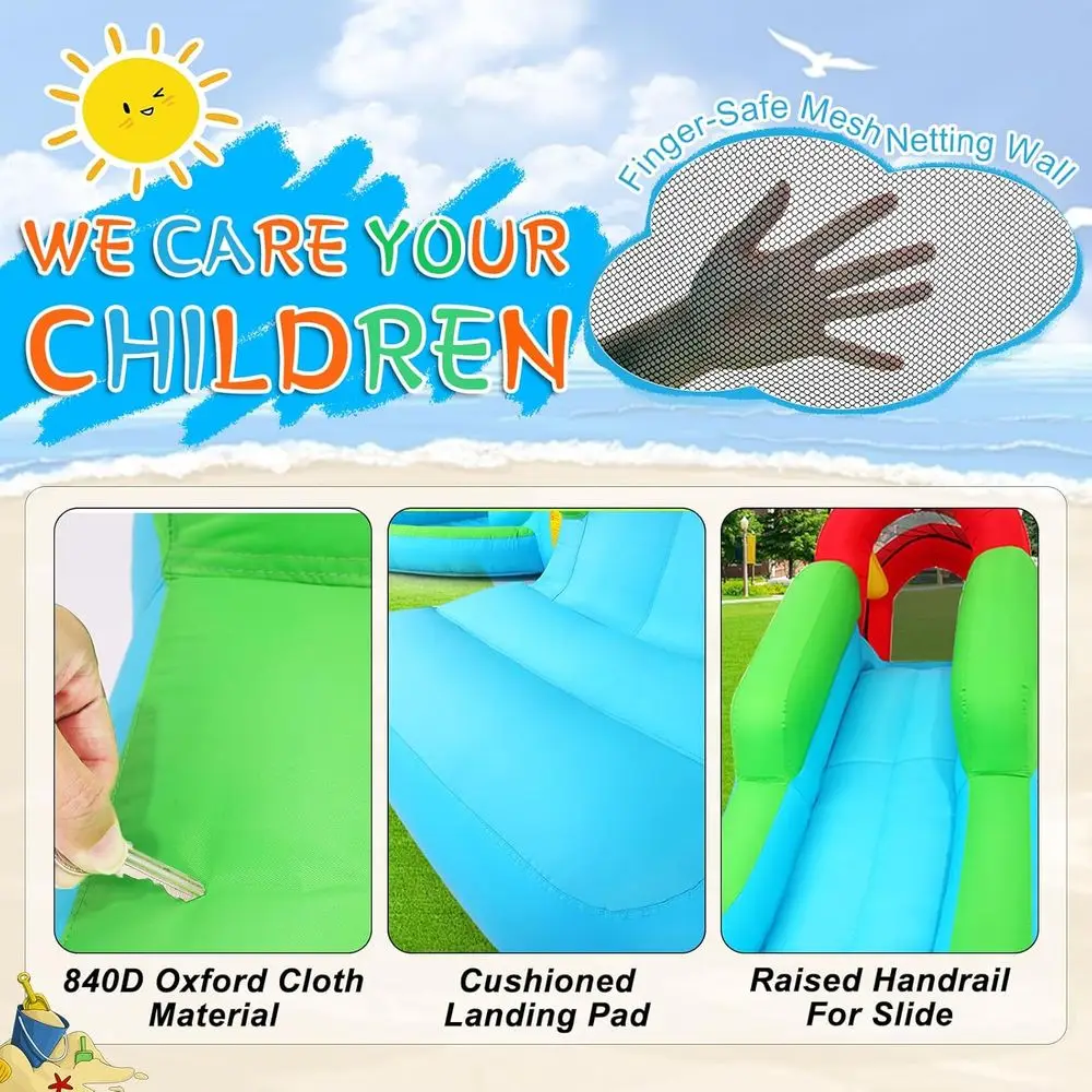 สวนน้ำเป่าลมรูปเพนกวินพร้อมที่ปีนป่าย สไลเดอร์ สระน้ำ และเครื่องพ่นน้ำสำหรับความสนุกสนานในสวนหลังบ้าน