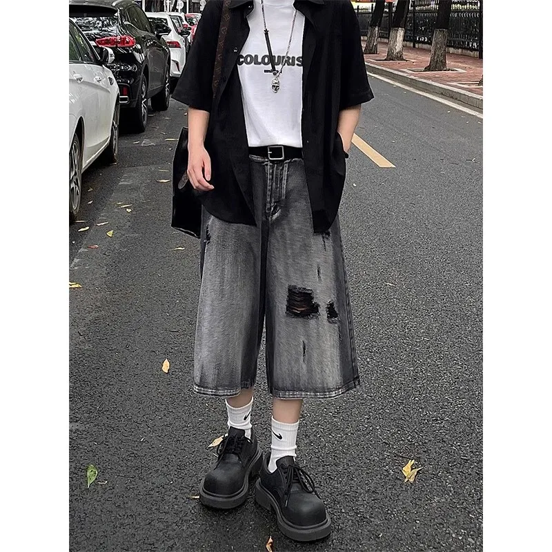 

American High Street Vibe Men's Summer Thin Denim Shorts Straight Leg Loose Fit Seven-Foot Pants Casual Youth Fashion