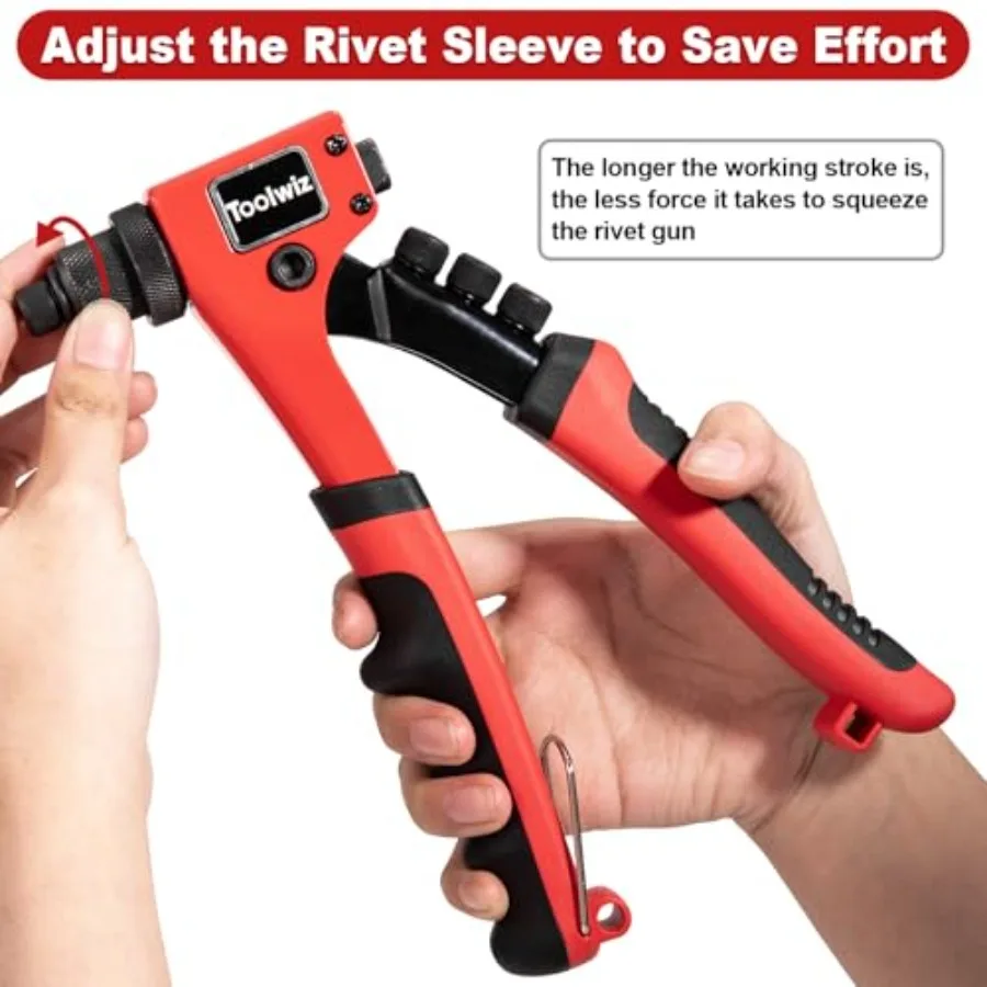 헤비 듀티 원핸드 리벳 건 키트 (리벳 200개, 공구 없이 교체 가능한 헤드 4개, 금속 및 목재용 드릴 비트 4개 포함)