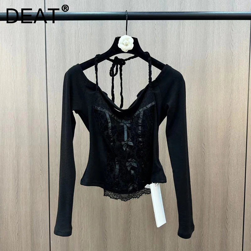 DEAT Women's Fashion Lace Patchwork Off Shoulder Halter T-shirts 2025 Spring New Arrival Trendy Casual Tops Female 11A02469