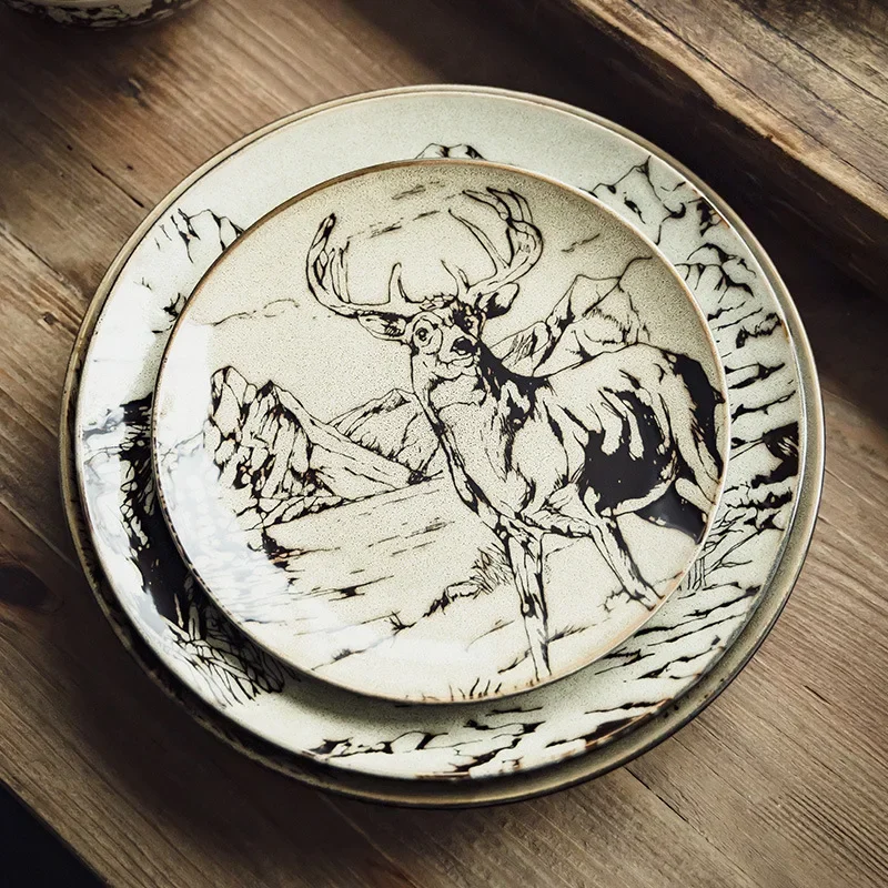 

Vintage Animal Hand Painted Ceramic Bowl Plate Home Cutlery Creative Western Steak Salad Plate