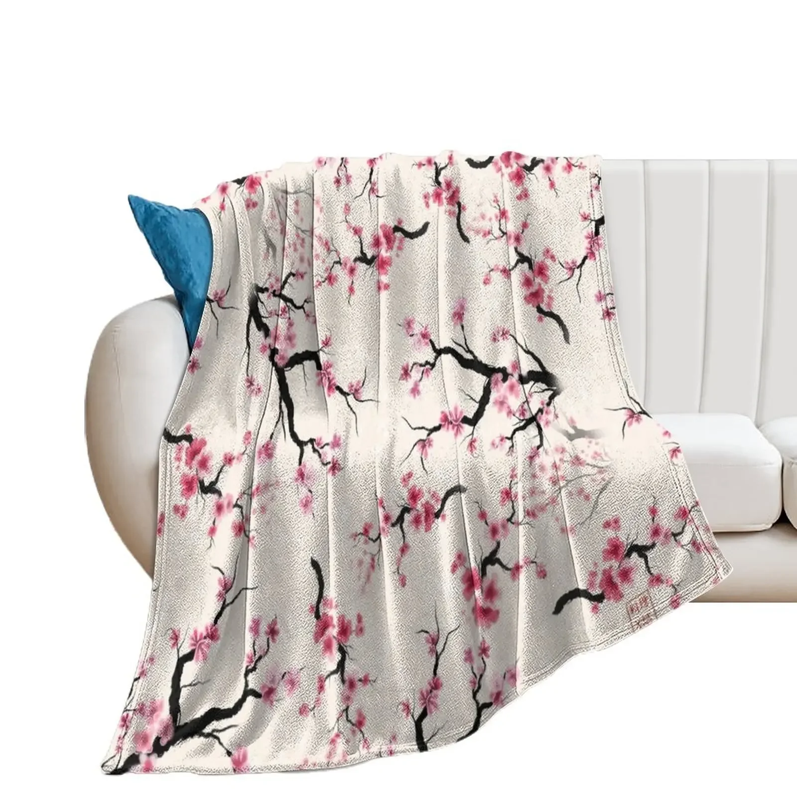 

Watercolor sumie hanami sakura cherry blossoms pattern Throw Blanket Decorative Beds Custom Blankets