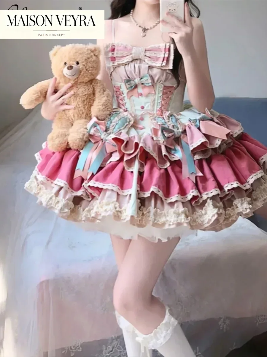 French Sweet and Cute Puffy Cake Princess Dress Girly Style Lolita Fit Slim Sexy Tube Top Womens Party Above Knee Dresses Summer