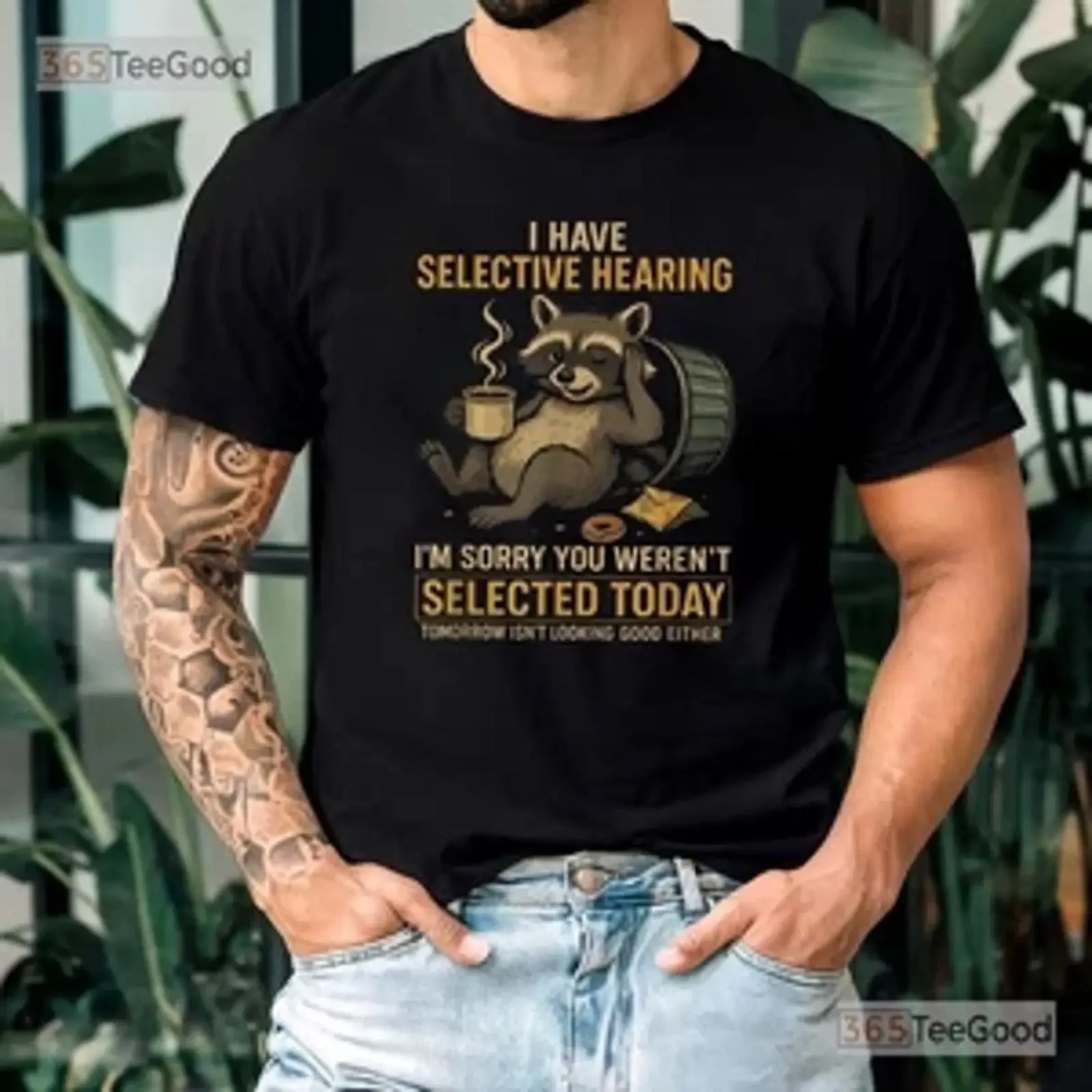 Selective Hearing Raccoon T Shirt Funny Trash Panda Coffee Men vintage Washed Stylish fashion Breathable Slightly streetwear