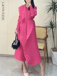 LANMREM Ruffled Edge Pleated Dress For Women Long Sleeves Stitching Solid Color Fashion Dresses 2024 Summer New 2DA7840