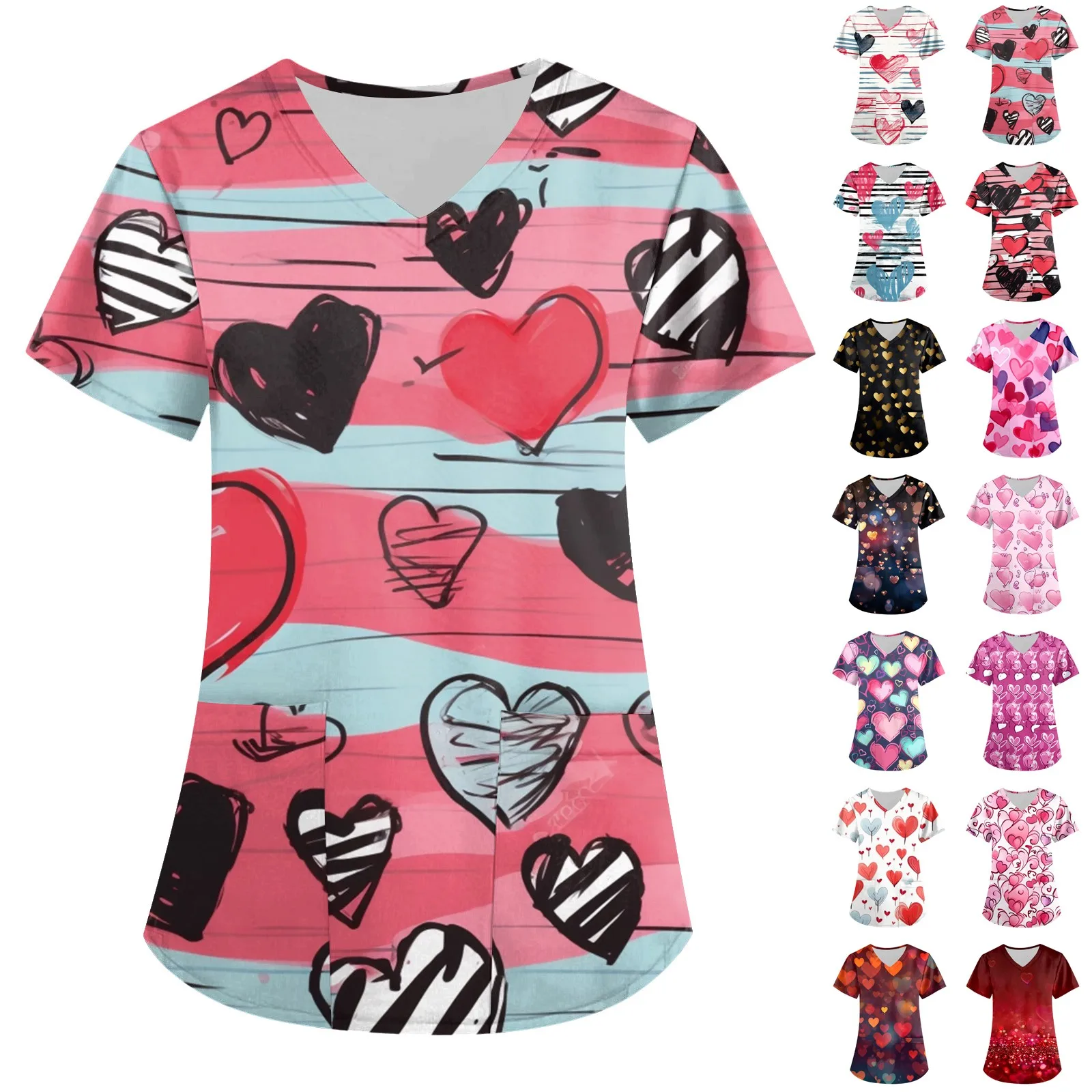 Women's Fashion V-neck Short Sleeve Workwear With Pockets Valentine's Day Printed Tops