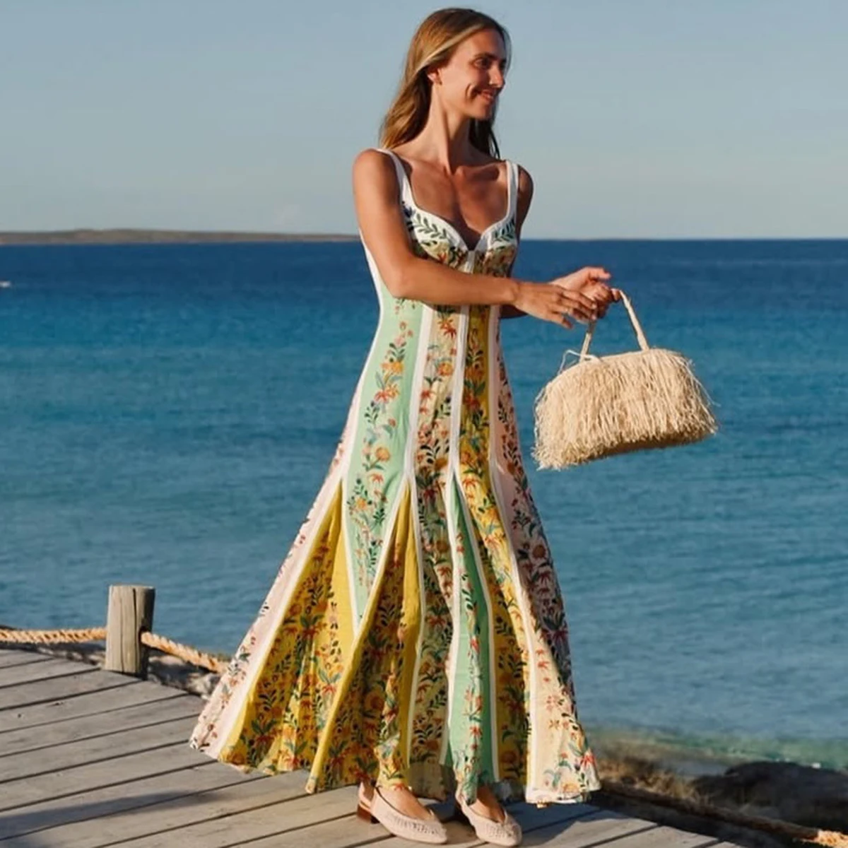 Women Deep V Neck Strap Fashion Print Spring Summer A Line Cotton Linen Long Dress