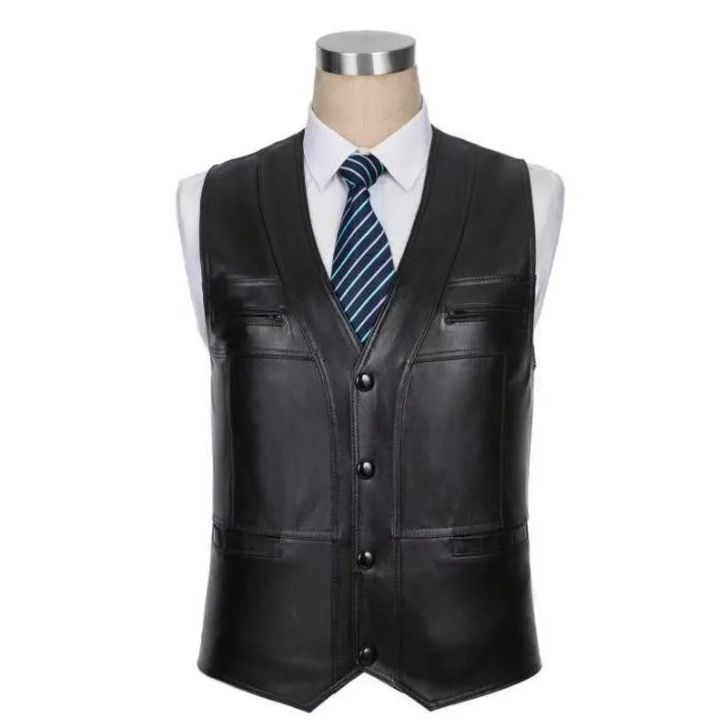 

New Autumn Men Fashion Slim Fit Casual Waistcoat Male Men Sleeveless New Men's Leather Vest Lined Winter Leather Busin Casual