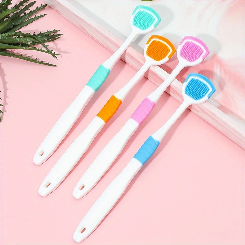 Tongue Cleaner Dual-Sided Silicone Brush Head White Blue Ergonomic Handle -Season Use Portable Odor-Free Tongue Cleaners