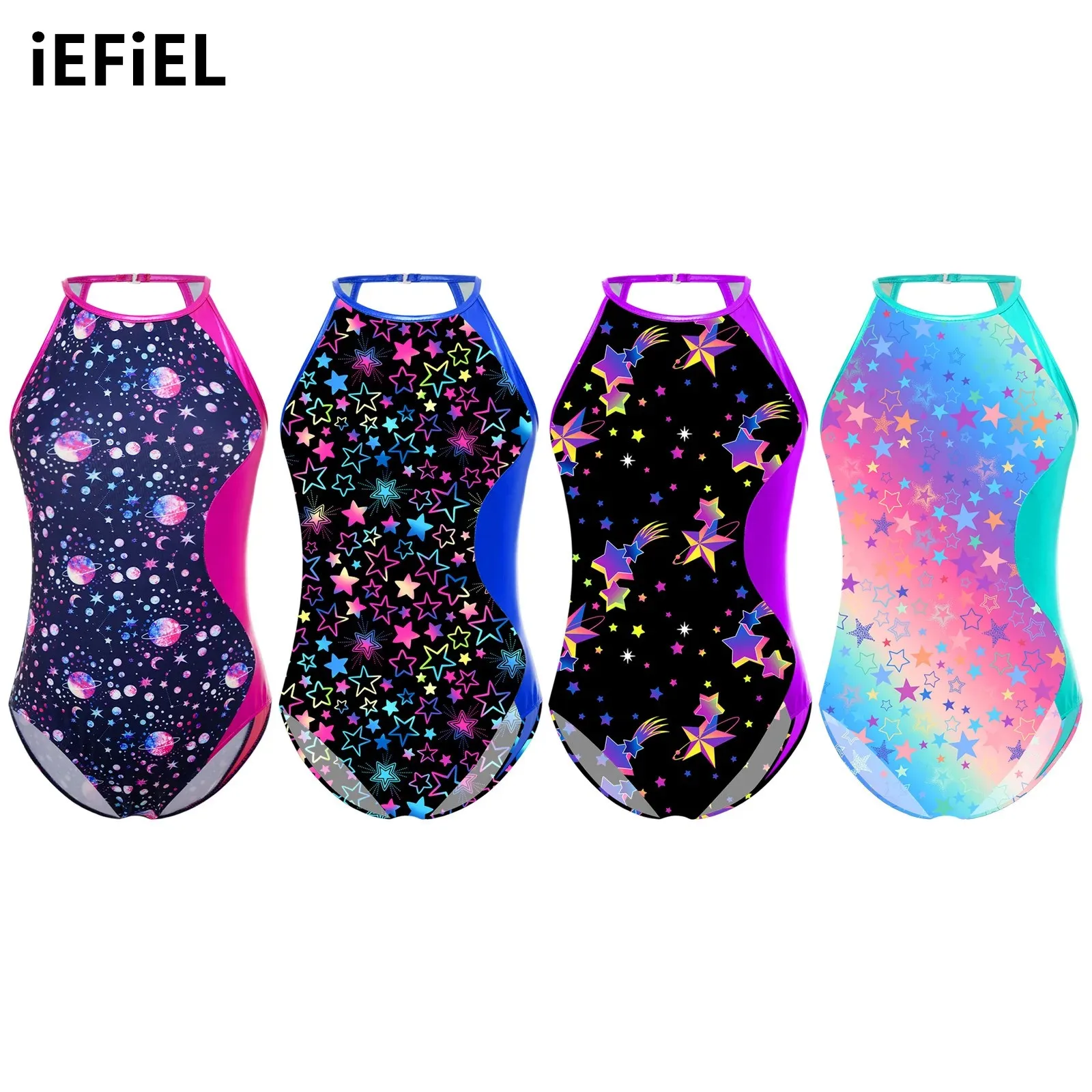 

Kids Girls Printed Leotard Metallic Patchwork Cutout Back Sleeveless Bodysuit for Dancing Tumbling Leaping Gymnastics Swimwear