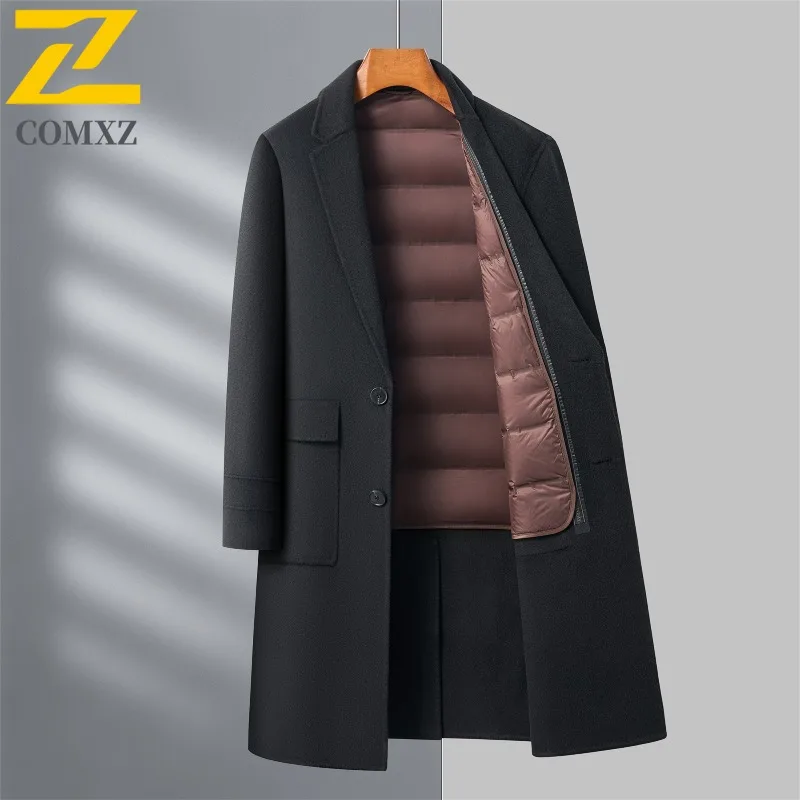 

COMXZ Luxury Men Long Wool Jacket Fashion Suit Collar Office Warm Down Coat Knee Length Design Travel Windproof Winter Coat