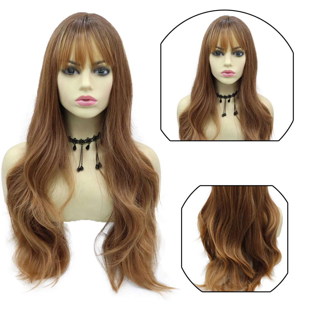 24inches Brown Hair with Bangs Mechanism Wigs No Lace Front Wig for Women Heat Temperature Fiber Hairs for Daily Use or Cosplay