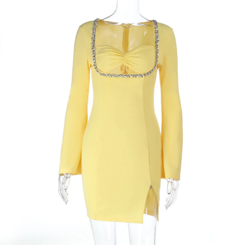 Elegante Temperament Datum Kleid Diamant Patchwork Lange Ärmeln Herbst Party Kleid Frauen Casual Square Neck Hohe Taille Prom Kleid