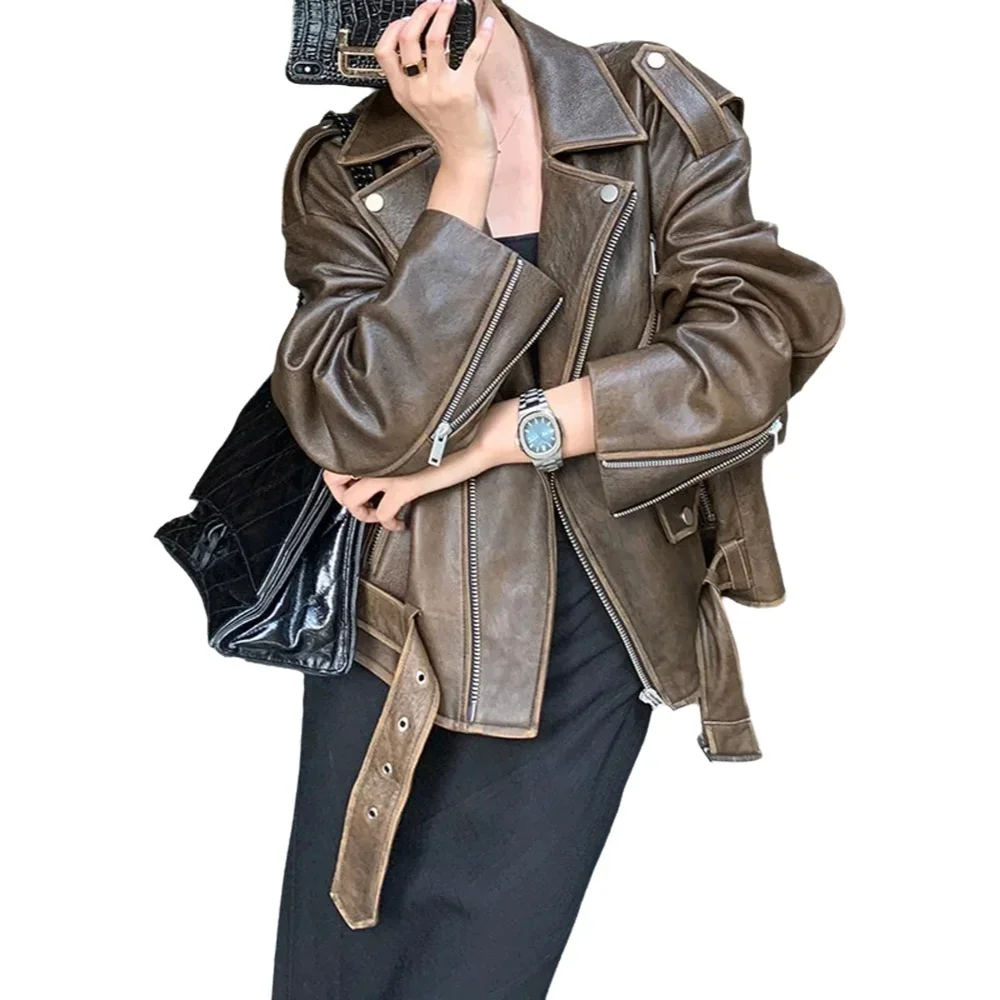 Women's Sheepskin Coat, Vintage Design, Zipper Belt, Brown, Loose Jacket, Street Hipster, Heavy Industry, Autumn, Winter