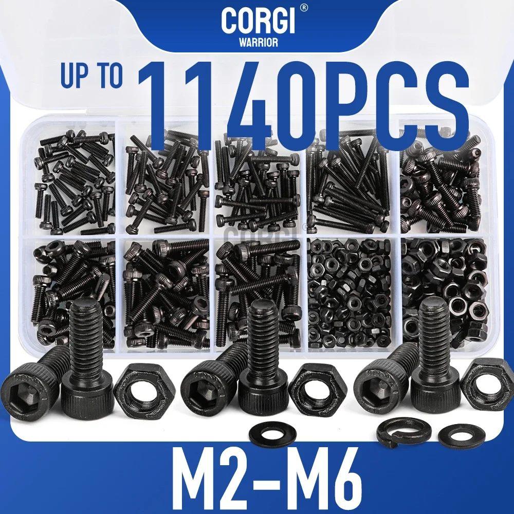 Up to 1140 Metric Hex Socket Head Cap Screws Assortment Kit M2 M2.5 M3 M4 M5 M6 12.9 Black Oxide Allen Bolt with Nuts Washers