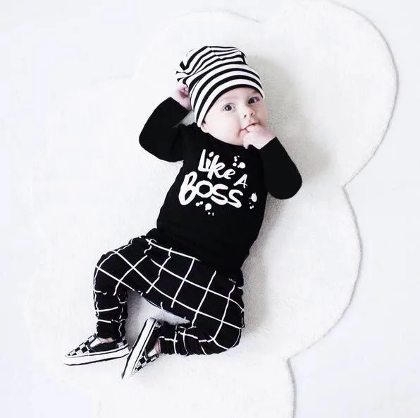 

2023 New Fashion Baby Boy Clothes Cotton Long Sleeve "Like A Boss" T-shirt+Grid pants 2Pcs Baby Boys Clothing Set