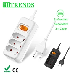 3-Way European Plug Power Strip 2 prong plug Multiple Socket with 2m Extension Cable Euro Outlet Power Adapter for TV computer