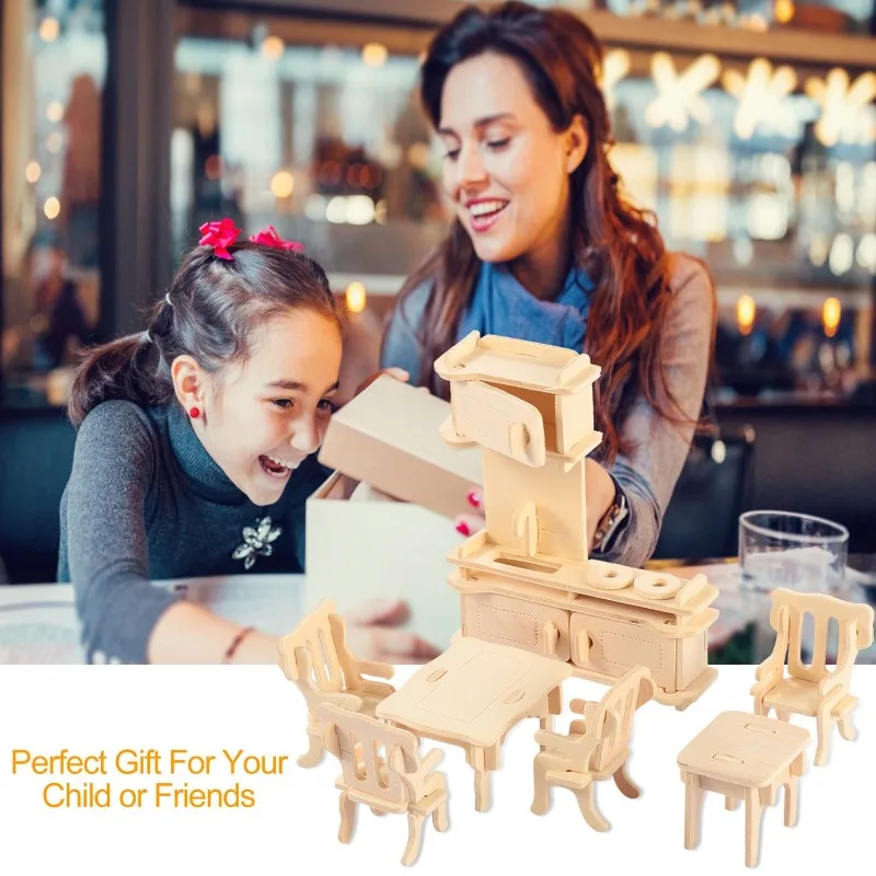 

3D Wooden Dollhouse Furniture Puzzles DIY Miniature Furniture Models Set