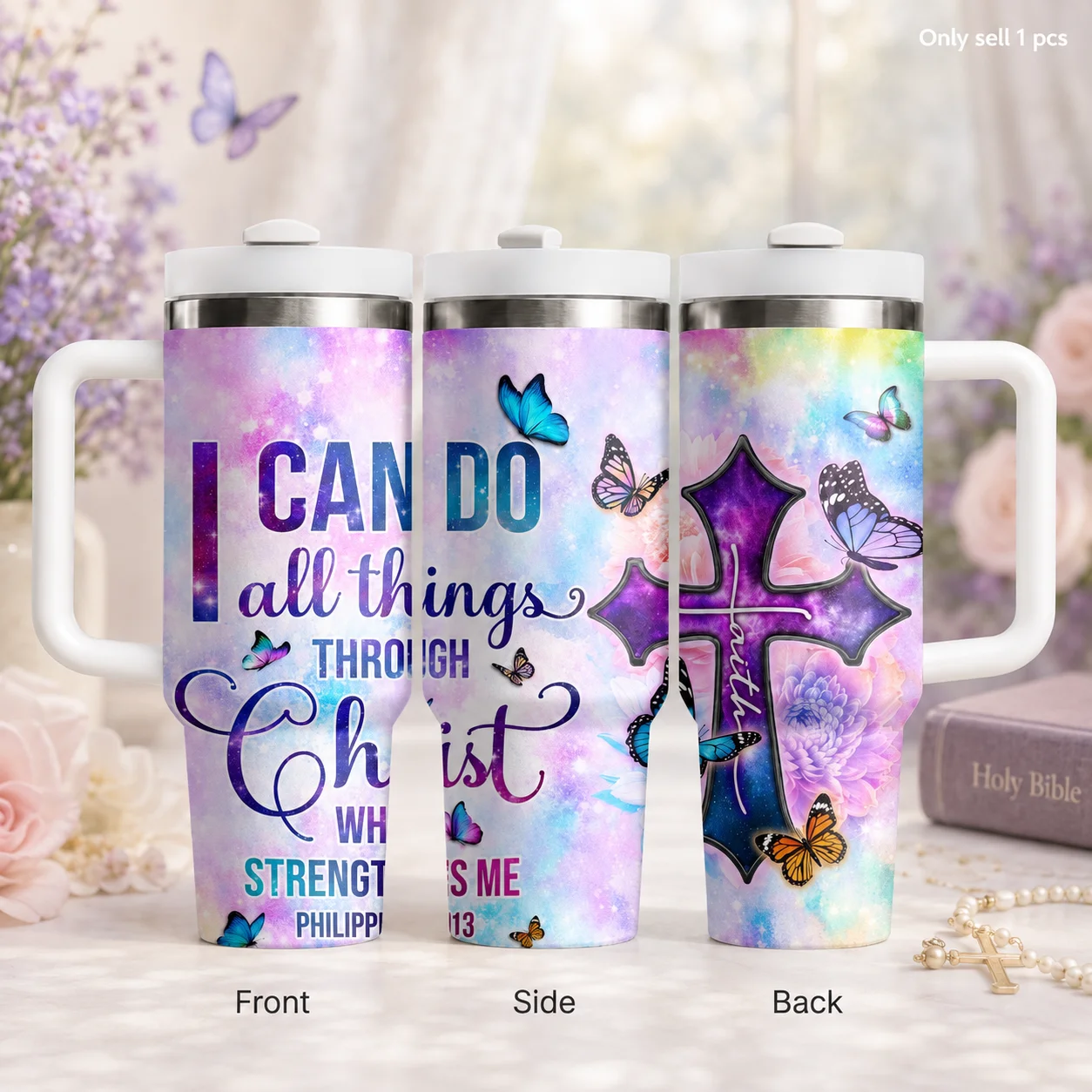 All Things Through Christ Vacuum Flasks 40oz Stainless Steel Insulated Tumbler With Handle & Straw Leakproof Travel Mug