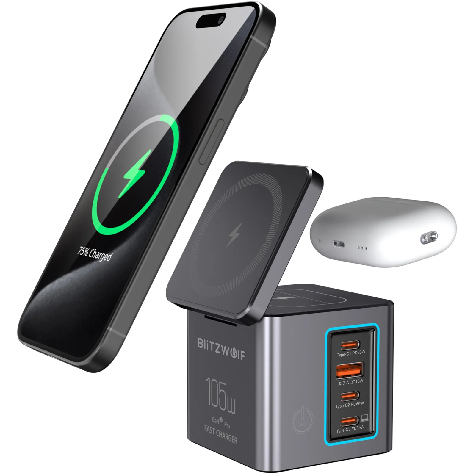 [GaN Tech] Blitzwolf BW-i113 105W Stasiun Pengisian Daya Desktop 6-In-1 dengan Pengisi Daya Nirkabel PD QC Pengisian Cepat dengan Steker UE LED