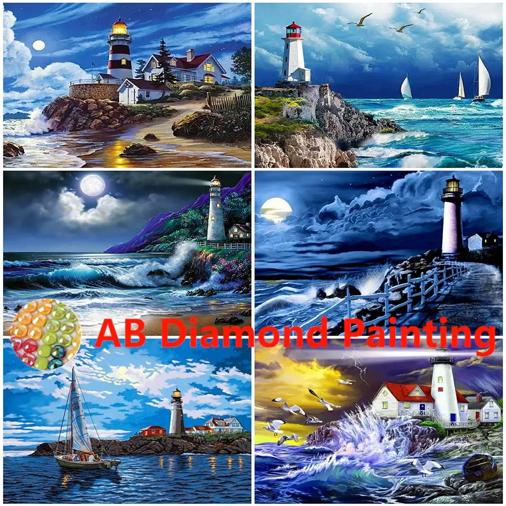 AB Full Square Diamond Painting Lighthouse New Arrival Diamond Embroidery Landscape Seaside Mosaic Night Cross Stitch Kits