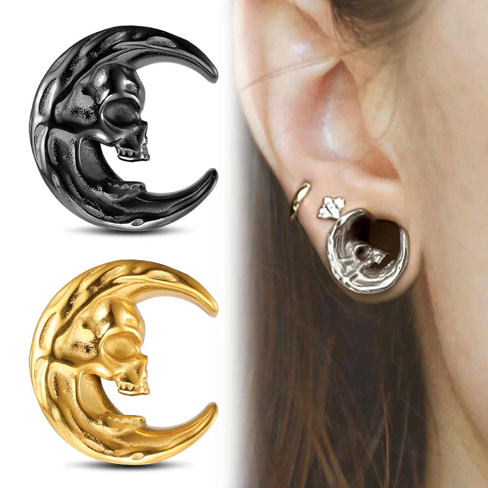 Giga 2 PCS Skull Design Stainless Steel Ear Saddle Plugs Guages for Ears Holes Expander Body Piercing Jewelry for Halloween