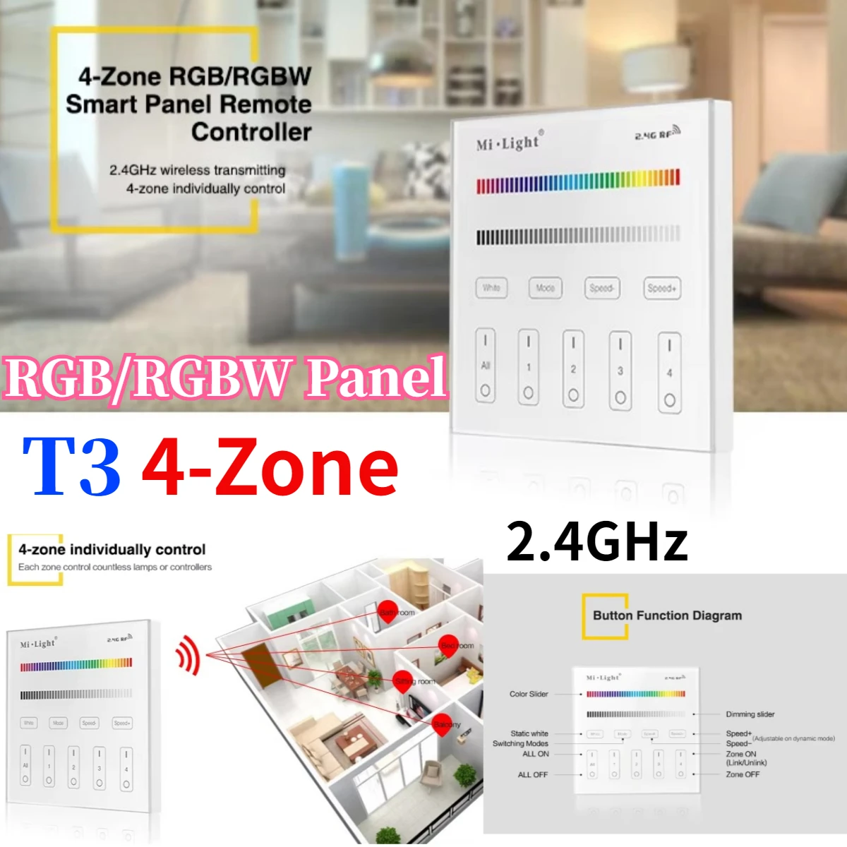 

MiBoxer T3 4-Zone RGB/RGBW Panel Remote Switch 2.4GHz 86Touch Brightness Adjustable Controller AC100-240V For LED Strip/Led Lamp