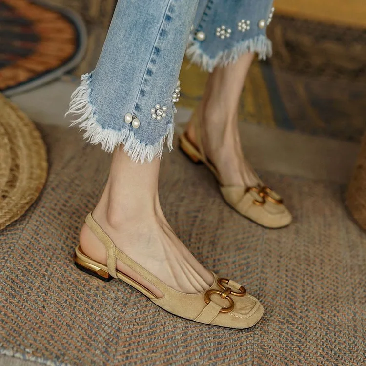 Retro Women Sandals Fashion Low-heeled Shoes Slingback Suede Office Ladies Shoes High Quality Elegant Slip on Woman Flat Sandals