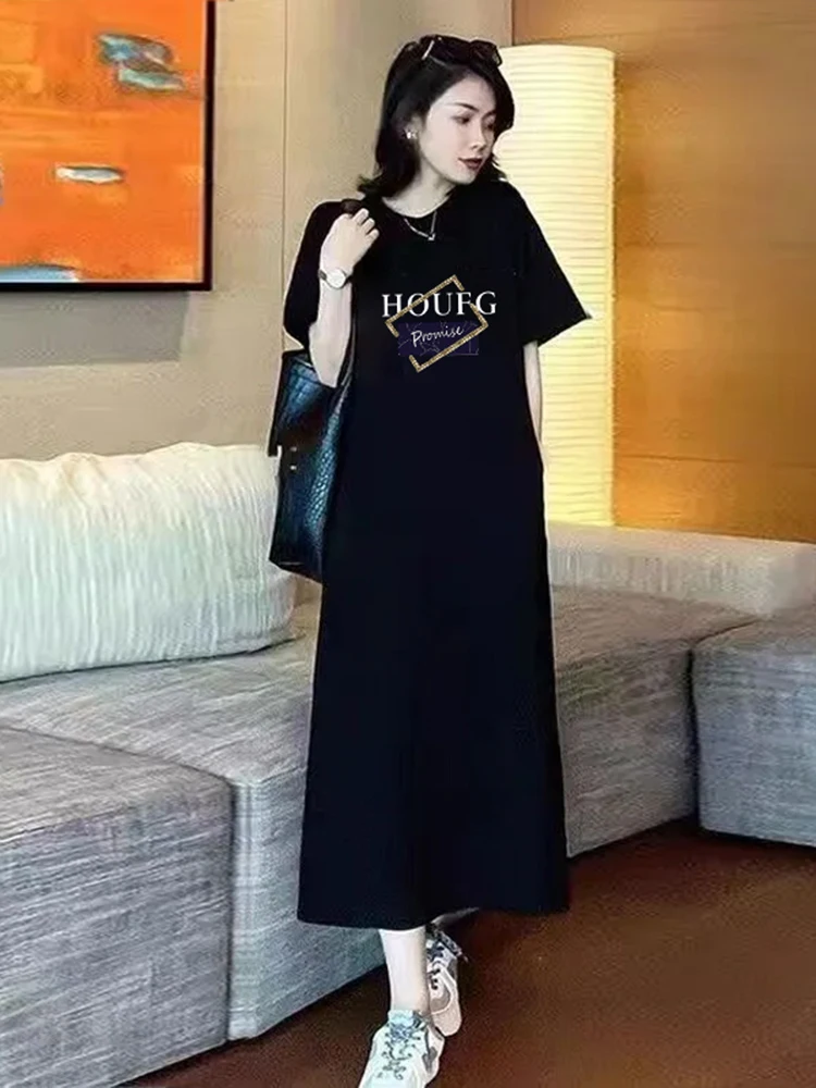 Grande taille ort Sve coton Dr femmes été ample décontracté mi-long genou-dessus T-shirt Dr h-ape coréen Sle