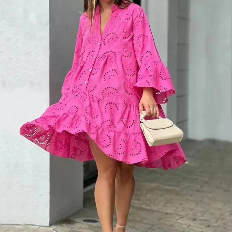 

Lace Sweet Party Dress Women White Embroidery Dresses Knee Length Maxi Loose Y2k Streetwear Vacation Casual Vestidos Wedding