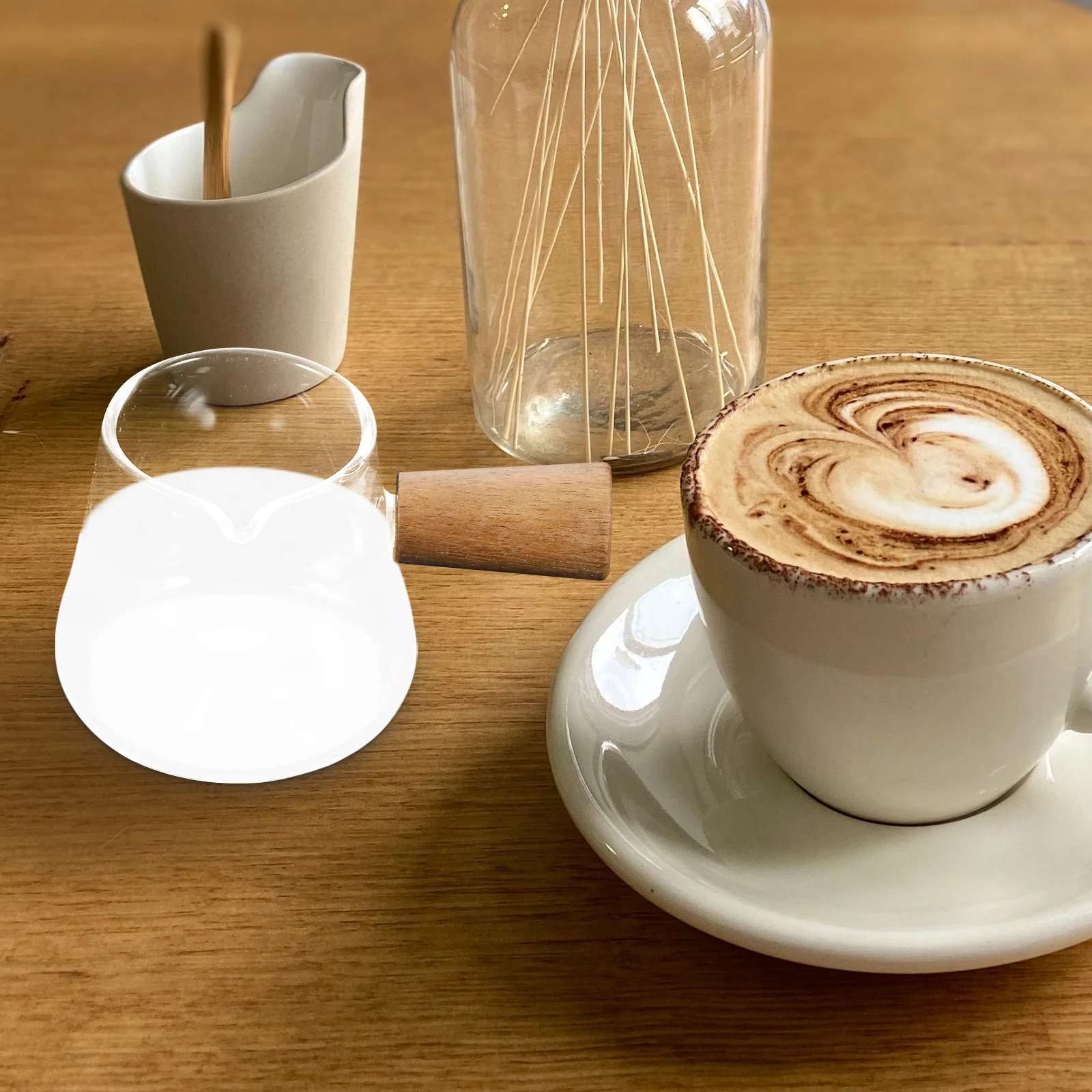

1pc Wooden Handle Milk Pitcher Heat Resistant Glass Creamer Container For Coffee Latte Art Measuring Cup Small Frother Jug