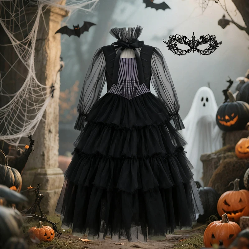 Neues Halloween-Kostüm für Mädchen, schwarze Spitze, Prinzessinnenkleid, Herbst, Langarm, Mädchen, besondere Anlässe, Party-Kostüm, Mädchen-Cosplay-Kostüm