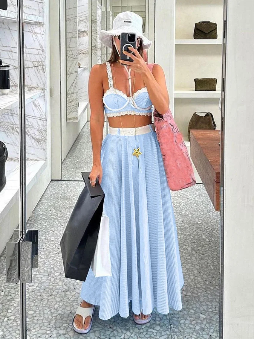 Casual women's pajama set with thin shoulder straps, pajama vest, pajama with exposed navel top, pajama long skirt, women's paja