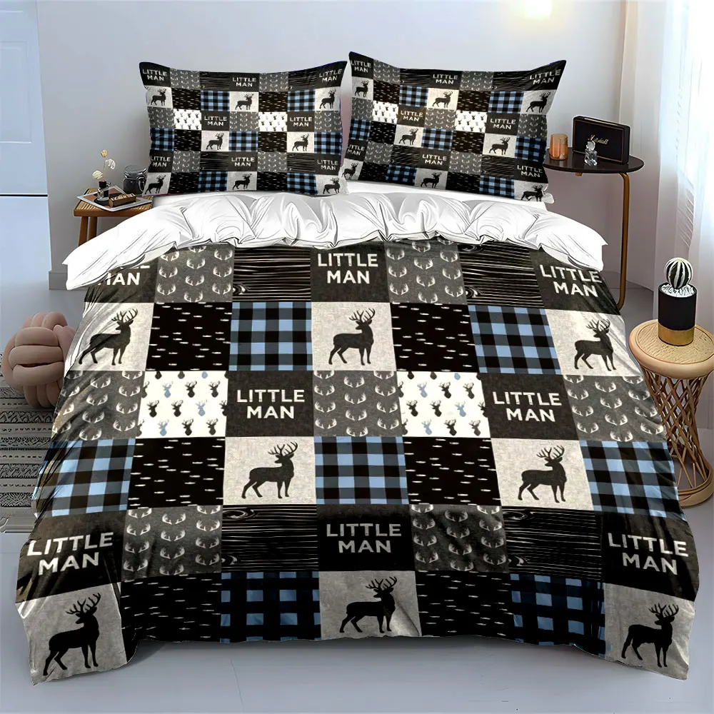 Little Man Deer Patchwork Bedding Set 3pcs, Buffalo Plaid & Antler Print Duvet Cover, Soft Breathable Bed Linen for KIDS
