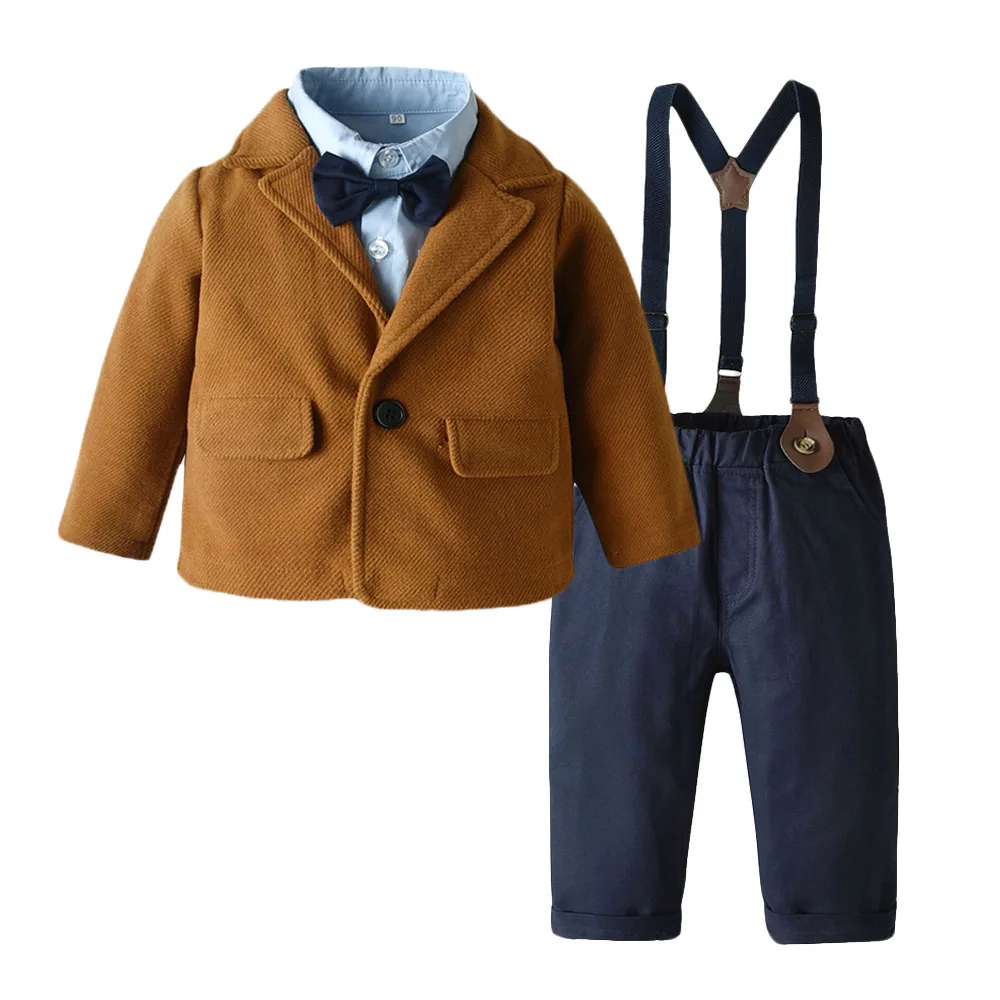 

Autumn and winter brand childrens clothing mens treasure blue suit long sleeved shirt shoulder strap pants three piece set