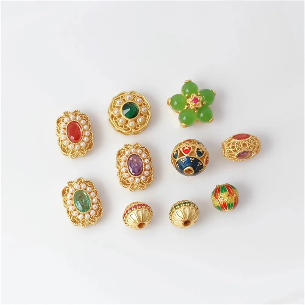 Ancient-style Gold Accessories Zircon Oil-drip Lace Beads Round Beads Handcrafted DIY Bracelet Beads Copper Gold-plated Material