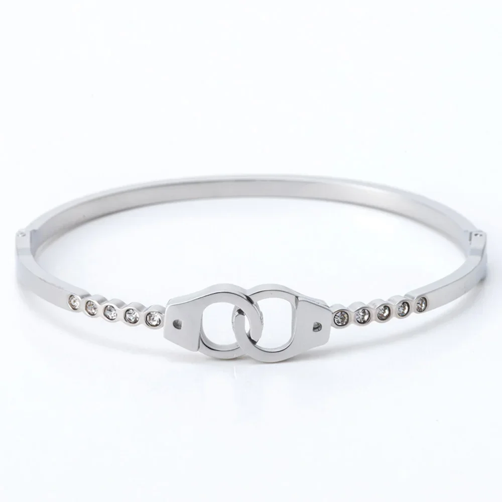 

Punk Stainless Steel Bangle Crystal Handcuffs Bracelet Lock Bracelet Pendant Bangle Bracelet for Women Couple Jewelry