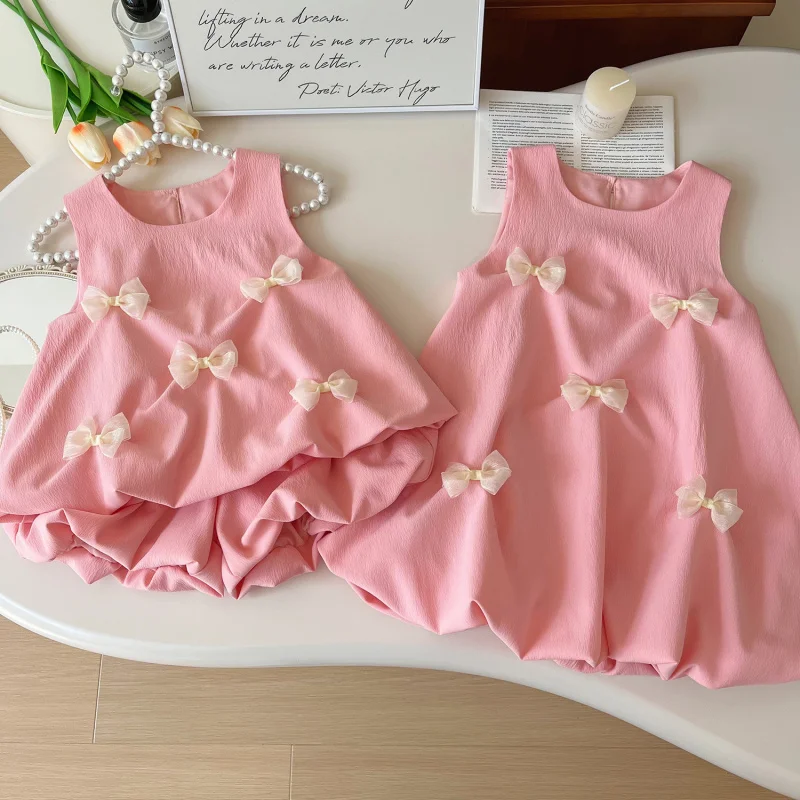 

Children's Summer New Bowknot Sleeveless Vest Set for Girls+Shorts Casual Dress