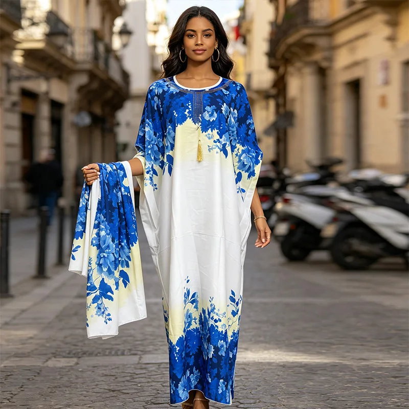 

Plus Size Dashiki African Dresses for Women Summer Fashion Short Sleeve O-neck Printing Long Maxi Dress Kaftan Muslim Abaya