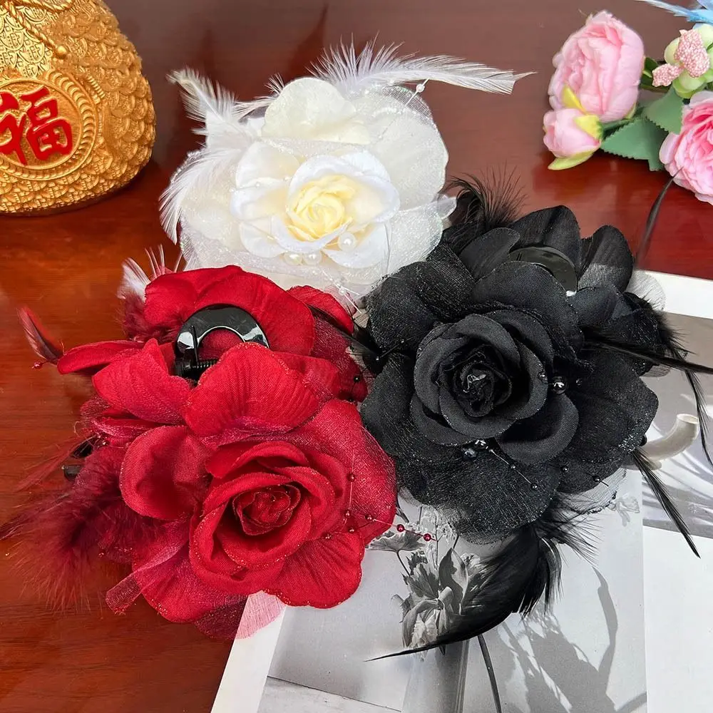 

Elegant Camellia Flower Flower Hairgrips Tassel Beads Grasping Clip Plastic Mesh Shark Clip Women
